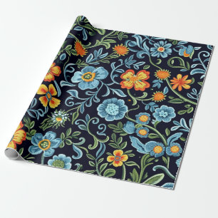 Elegant Floral Pattern with Red and Blue Leaves Wr Wrapping Paper