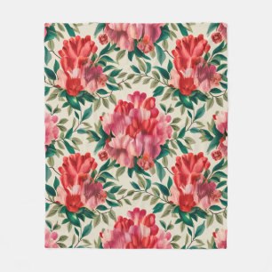 Elegant Floral Pattern with Red and Pink Flowers Fleece Blanket