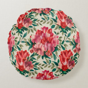 Elegant Floral Pattern with Red and Pink Flowers  Round Cushion