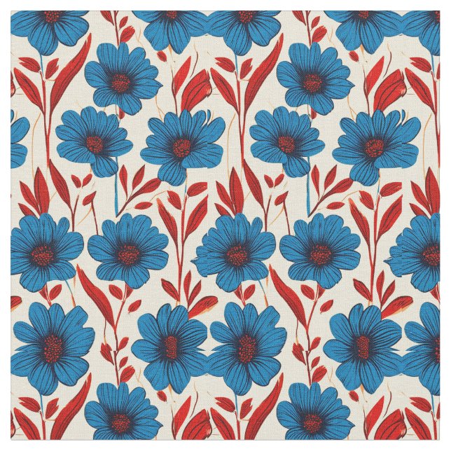 Elegant Floral Pattern with Vibrant Blue Blossoms Fabric (Close Up)