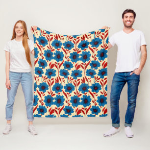 Elegant Floral Pattern with Vibrant Blue Blossoms Fleece Blanket
