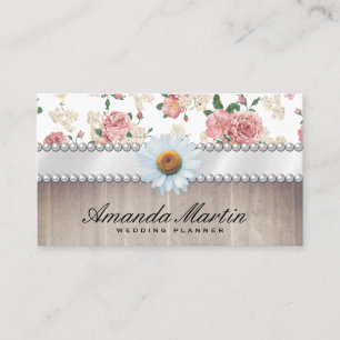 Elegant Floral Pattern Wood Trim and Daisy Business Card