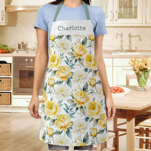 Elegant Floral Pattern Yellow White Apron