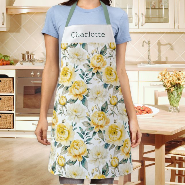 Elegant Floral Pattern Yellow White Apron (A personalized kitchen apron, patterned with yellow and white peony and chrysanthemum flowers)