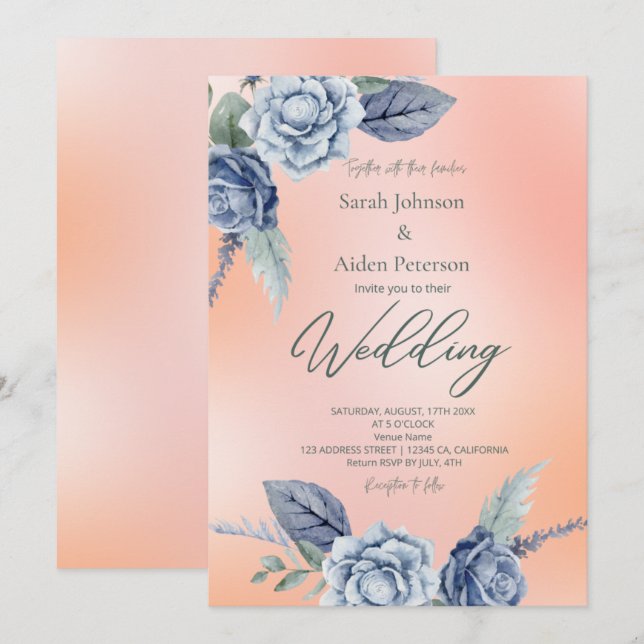 Elegant Floral Peach and Dusty Blue Wedding  Invitation (Front/Back)