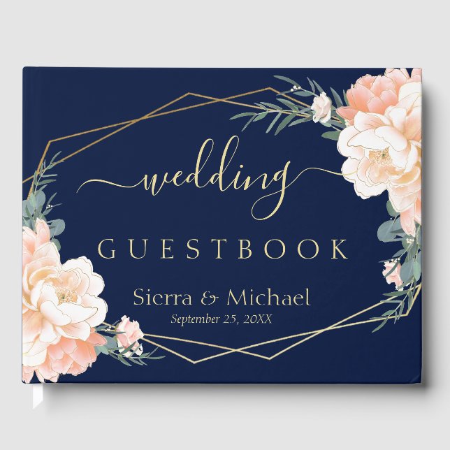 Elegant Floral Peach Cream Gold Navy Blue Wedding Guest Book (Front)