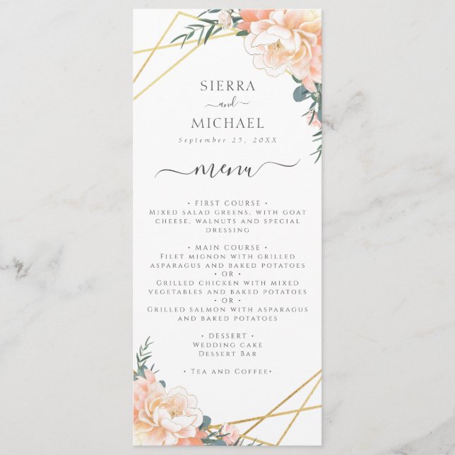 Elegant Floral Peach Cream Gold Wedding Reception Menu (Front)