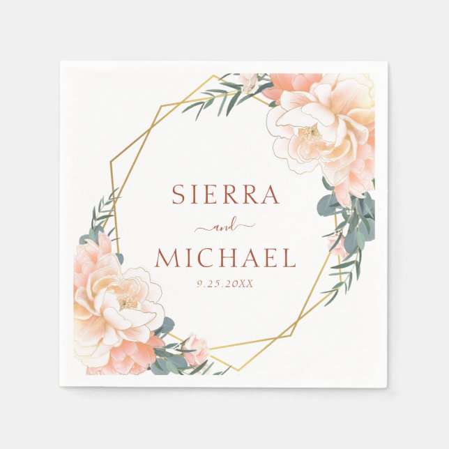 Elegant Floral Peach Gold Terracotta Wedding Napkin (Front)