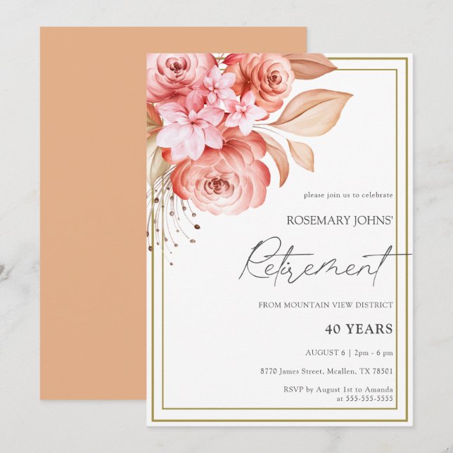 Elegant Floral Peach Retirement Invitation (Front/Back)