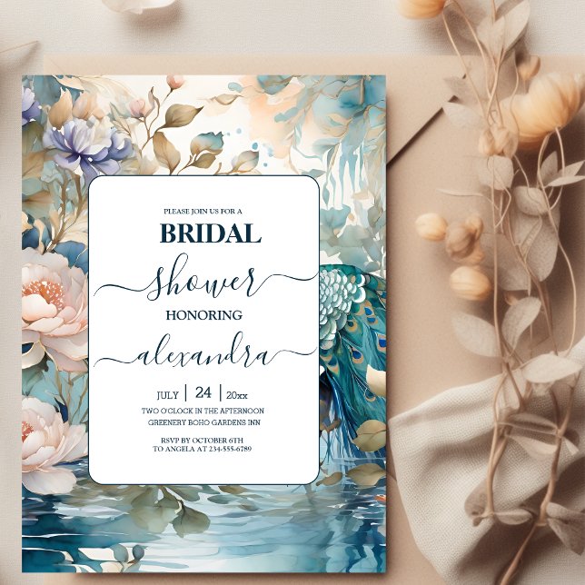 Elegant Floral Peacock Chinoiserie Bridal Invitation (Creator Uploaded)