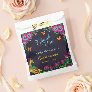 Elegant Floral Peacock Folk Art Fiesta Quinceanera Favour Bags