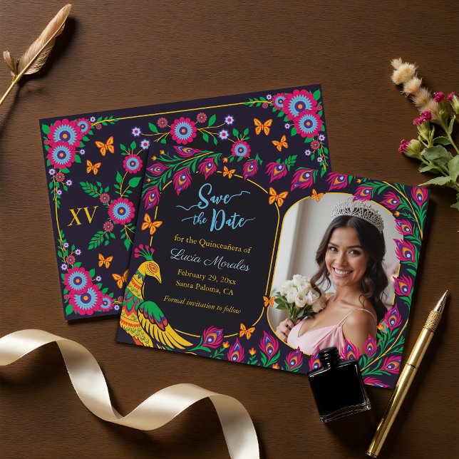 Elegant Floral Peacock Folk Art Fiesta Quinceanera Save The Date (Creator Uploaded)
