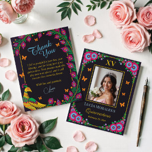 Elegant Floral Peacock Folk Art Fiesta Quinceanera Thank You Card