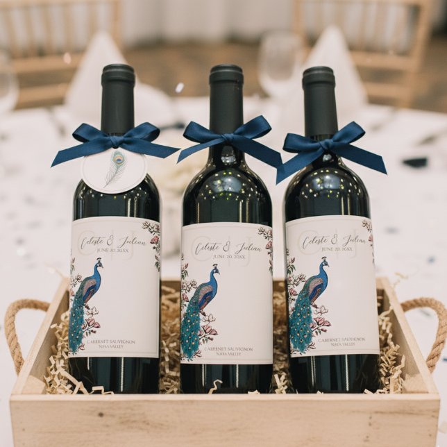 Elegant Floral Peacock Ivory Wedding Wine Labels (Modern Ivory Floral Peacock Bird Label for Wedding & Bridal Showers. Rustic Blue & Teal Feathers)