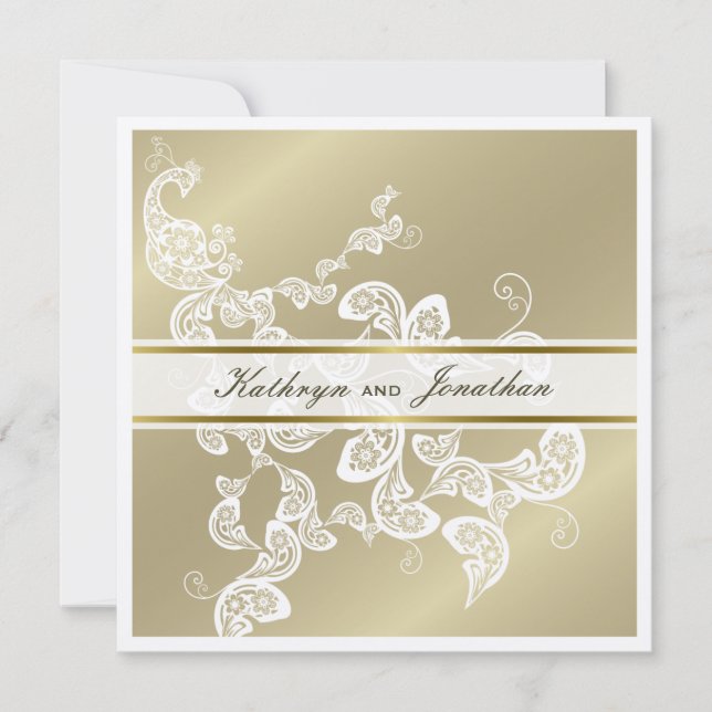 Elegant Floral Peacock White Wedding Invitation (Front)