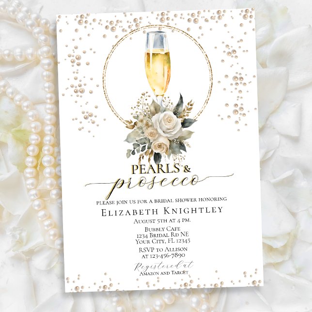 Elegant Floral Pearls & Prosecco Bridal Shower Invitation (Creator Uploaded)