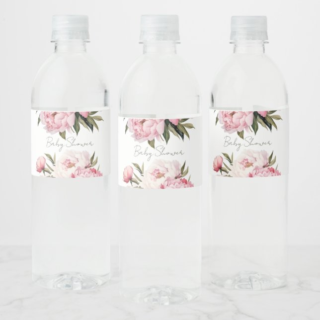 Elegant Floral Peonies baby shower Water Bottle Label (Bottles)