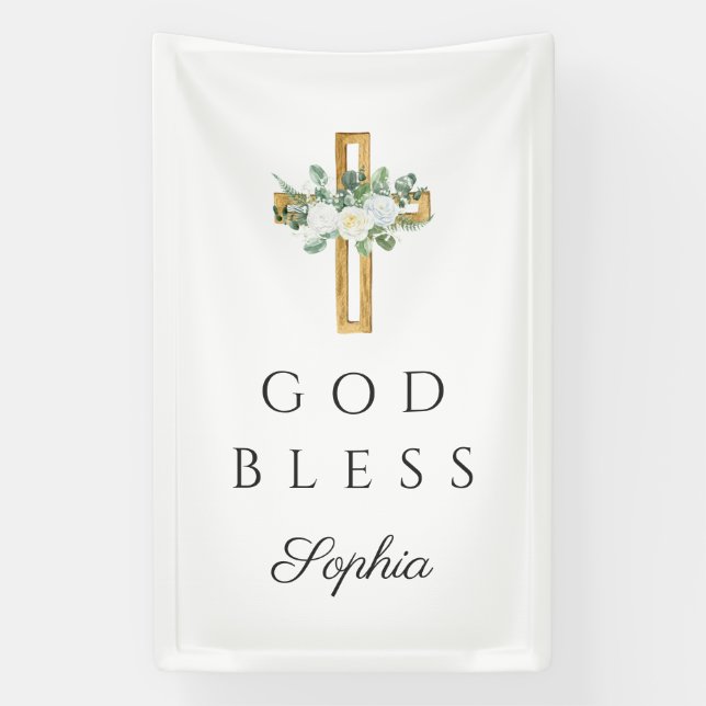 Elegant Floral Peonies Cross Religious God Bless Banner (Vertical)
