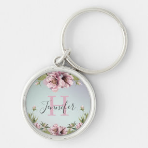 Elegant floral peonies & leaves custom monogram key ring