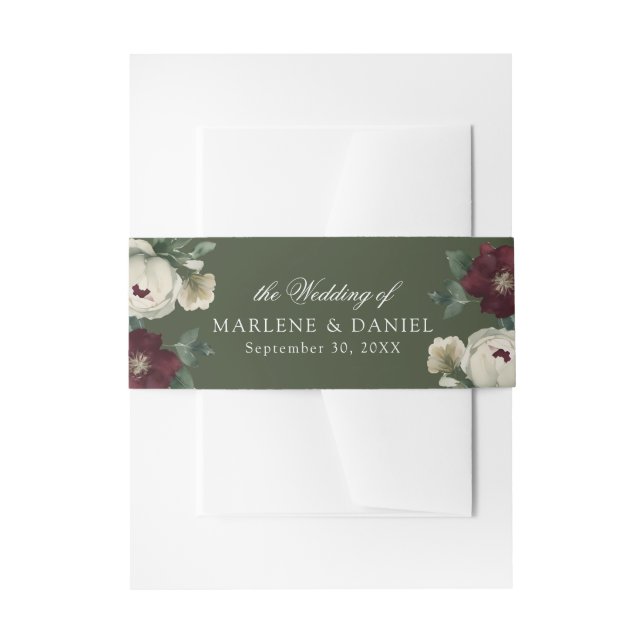 Elegant Floral Peony Forest Green Formal Wedding Invitation Belly Band (Front Example)