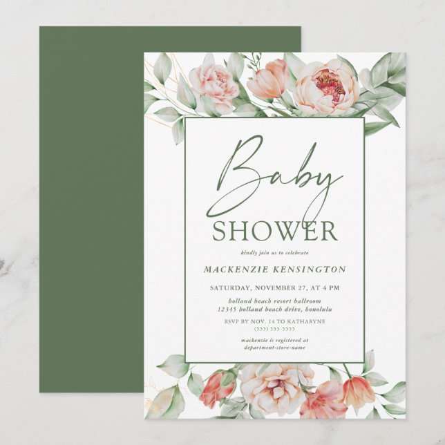 Elegant Floral Peony Greenery Script Baby Shower Invitation (Front/Back)