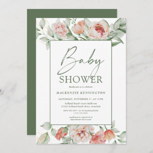 Elegant Floral Peony Greenery Script Baby Shower Invitation