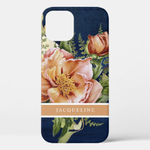 Elegant Floral Peony Pink Burgundy Navy Blue Wood  iPhone 12 Case