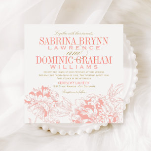 Elegant Floral Peony Wedding Coral and Gold Invitation