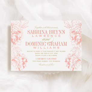 Elegant Floral Peony Wedding Coral and Gold Invitation