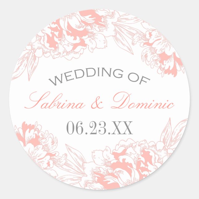 Elegant Floral Peony Wedding Coral Grey Monogram Classic Round Sticker (Front)