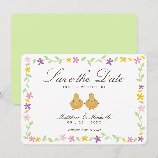 Elegant Floral & Perfect Pear Couple Cute Wedding Save The Date (Front/Back)