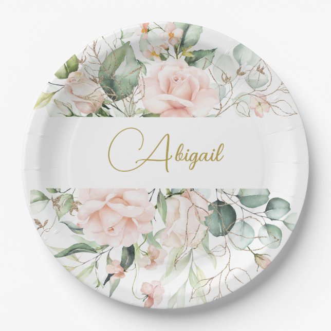 Elegant Floral Personal Pink Roses  Paper Plate (Front)
