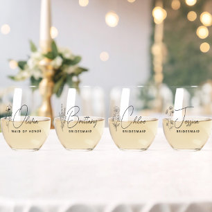 Elegant Floral Personalised Bridesmaid Proposal Stemless Wine Glass