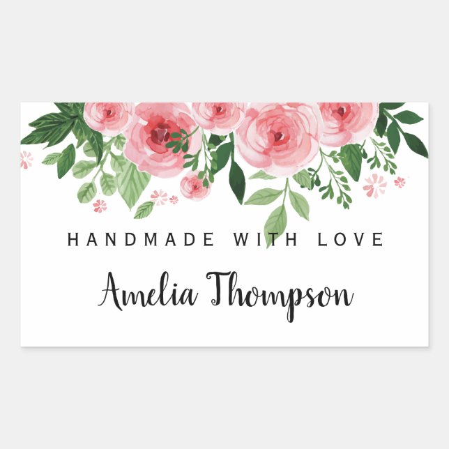 Elegant Floral Personalised Handmade With Love Rectangular Sticker (Front)