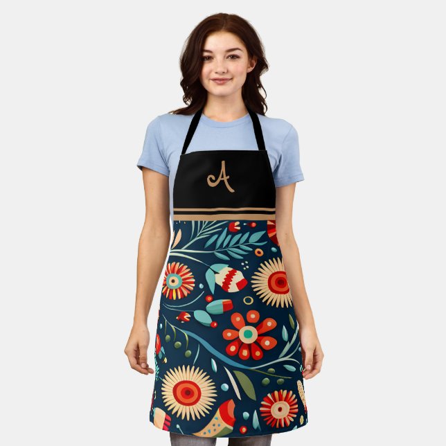 Elegant Floral Personalised Initial Name Apron (Worn)