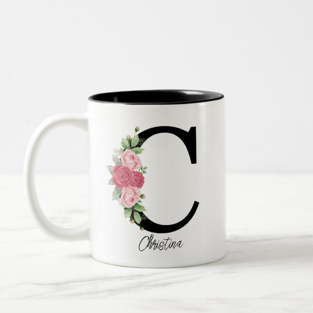 Elegant Floral Personalised Monogram Coffee Mug C (Left)