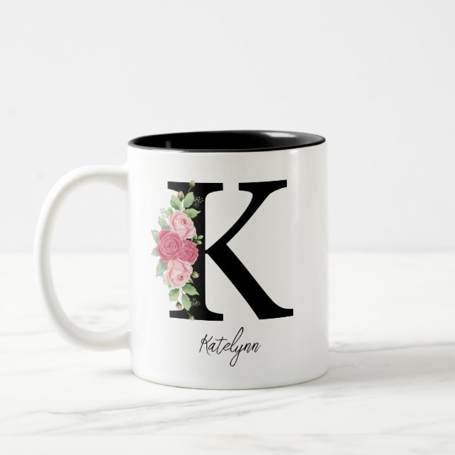 Elegant Floral Personalised Monogram Coffee Mug K (Left)