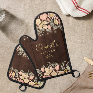 Elegant floral personalised oven mitt & pot holder set