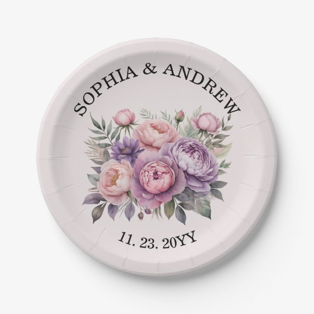 Elegant Floral Personalised Paper Plate Weddings (Front)