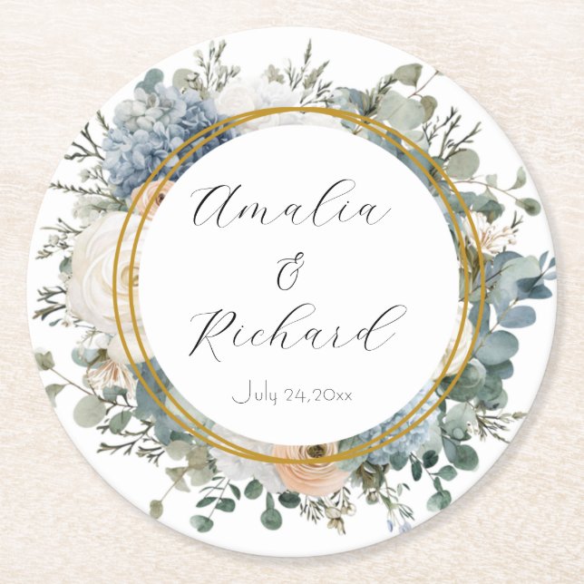 Elegant Floral Personalised Wedding Coasters (Front)