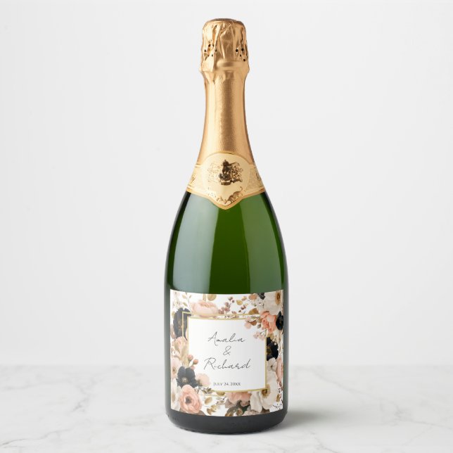 Elegant Floral Personalized Wedding Bottle Labels (Front)