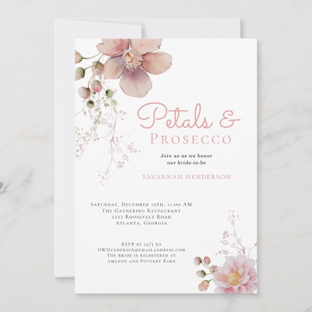 Elegant Floral Petals and Prosecco Bridal Shower Invitation (Front)