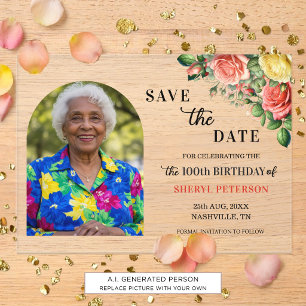 Elegant Floral Photo 100th Birthday Save the Date Acrylic Invitations