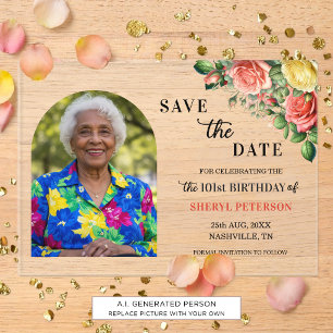 Elegant Floral Photo 101st Birthday Save the Date Acrylic Invitations