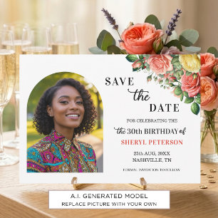 Elegant Floral Photo 30th Birthday Party Save The Date