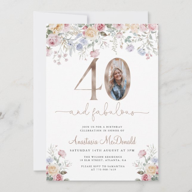 Elegant Floral Photo 40th Birthday Invitation (Front)