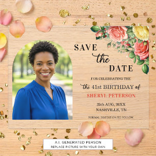 Elegant Floral Photo 41st Birthday Save the Date Acrylic Invitations