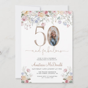 Elegant Floral Photo 50th Birthday Invitation