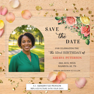 Elegant Floral Photo 52nd Birthday Save the Date Acrylic Invitations