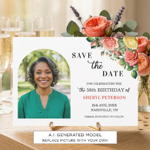 Elegant Floral Photo 58th Birthday Party Save The Date